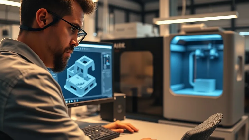 Engineer working at a CAD workstation with a 3D printer running in the background