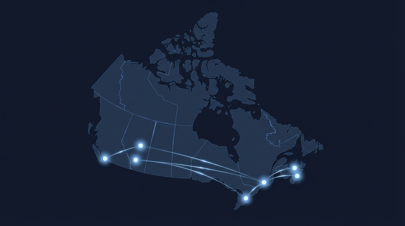 Canada manufacturing network with hubs in Vancouver, Calgary, Toronto, Montreal, Halifax, and Charlottetown